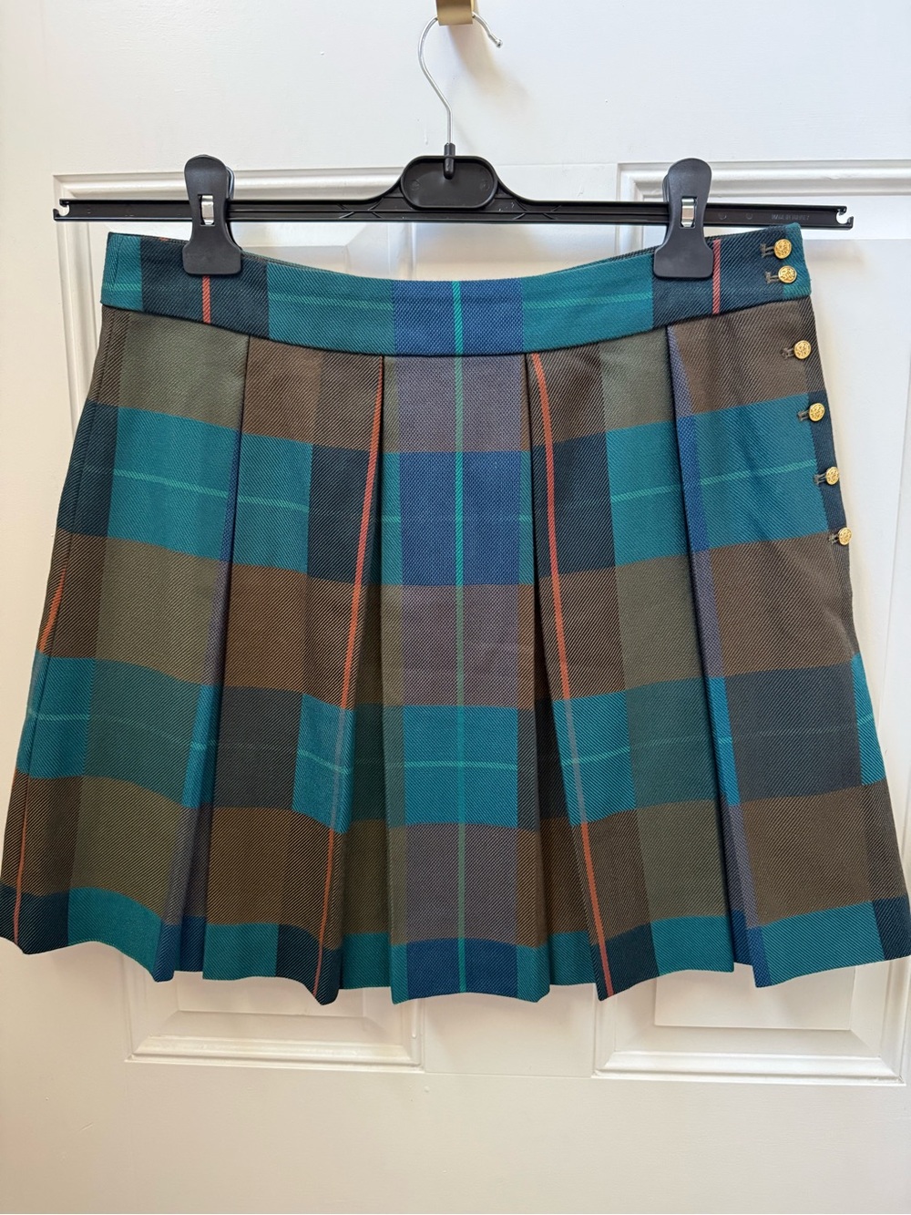 Tommy Hilfiger Teal and Brown Plaid Pleated Mini Skirt with Gold Buttons